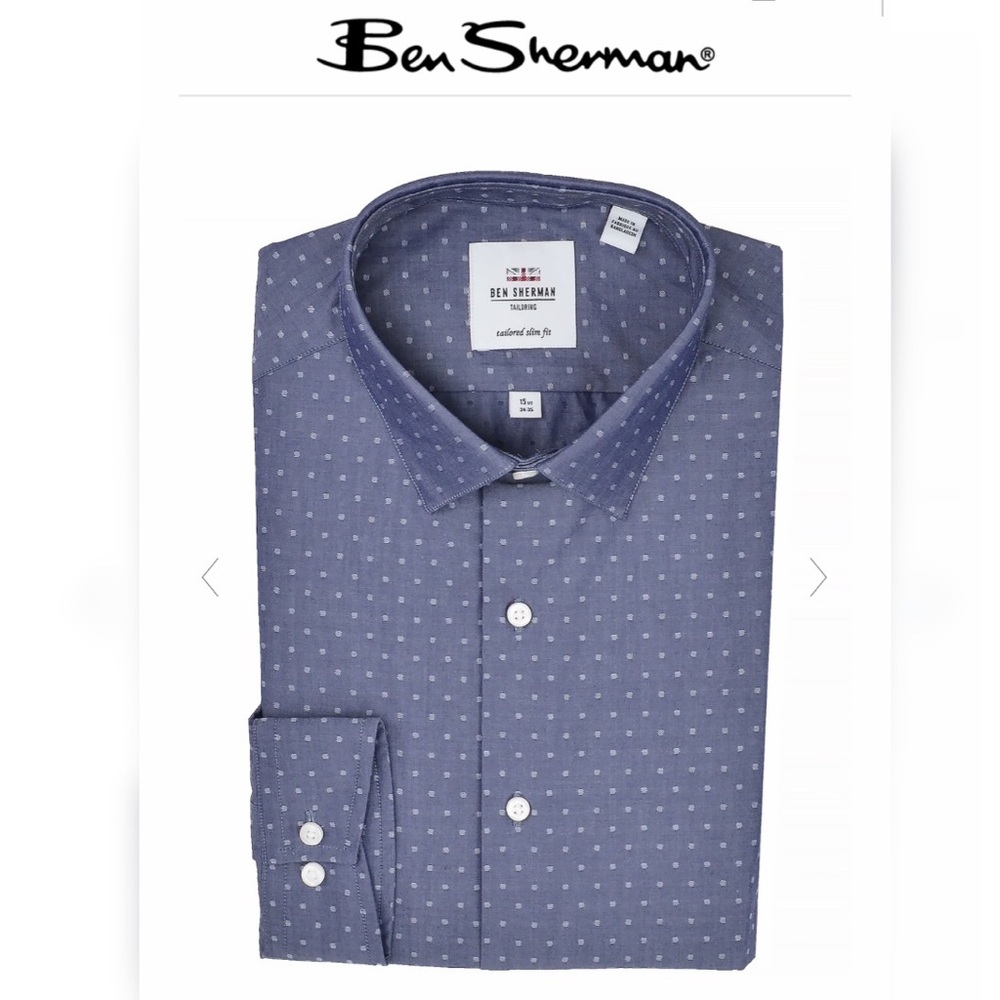 NWT Navy Dot Dobby Chambray Slim-Fit Dress Shirt